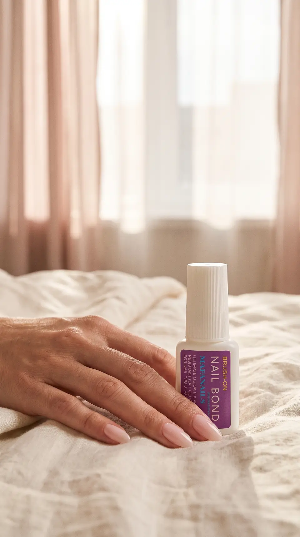 A hand with sheer pink almond press-on nails resting on cream linen beside a bottle of brush-on nail glue, morning light through the curtains