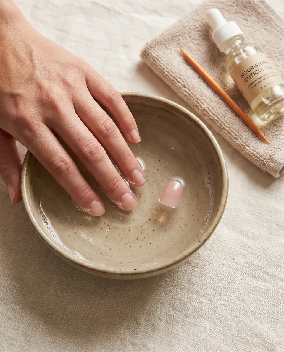 Fingertips soaking in a ceramic bowl of warm soapy water, one press-on floating free, cuticle oil and an orange-wood stick beside it