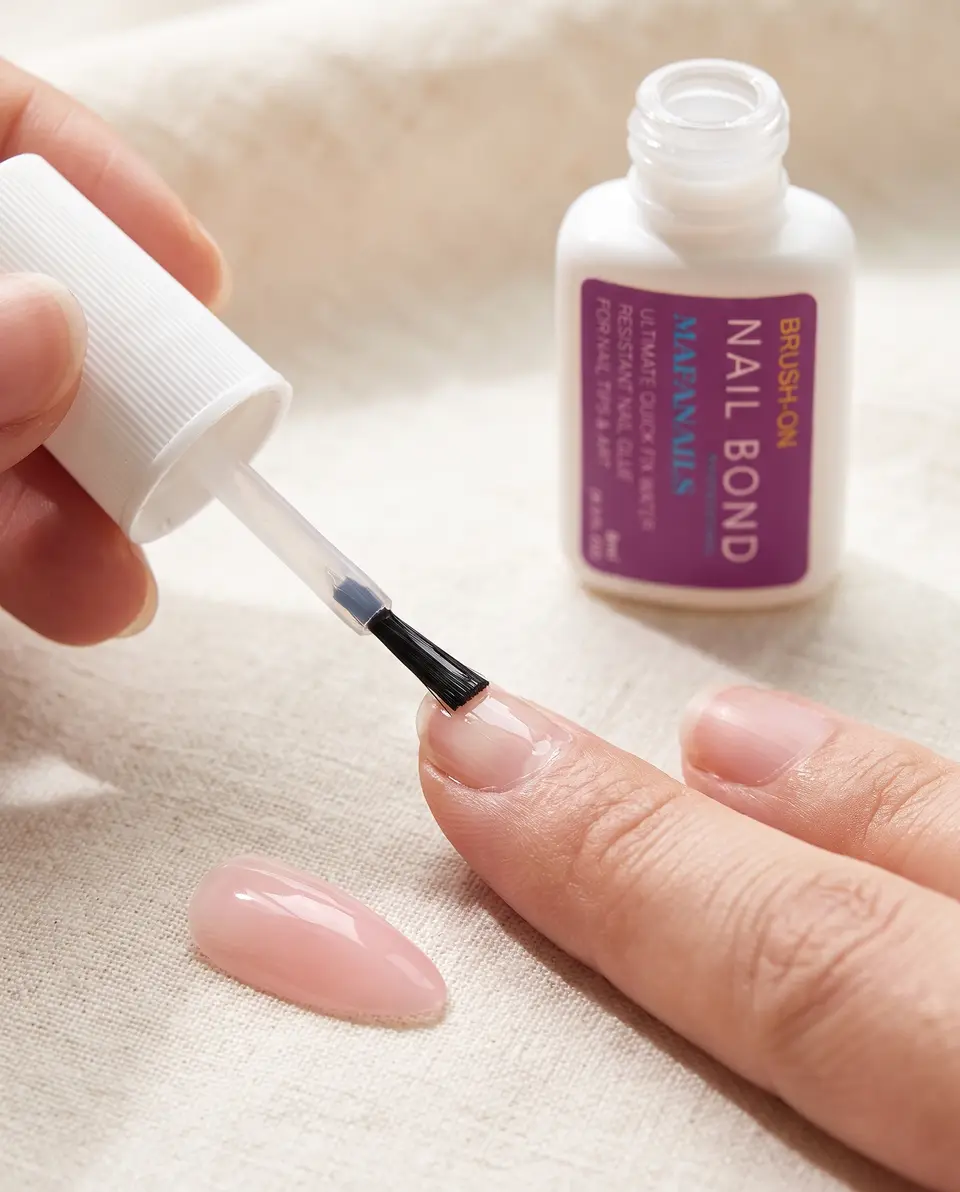 The brush of the glue bottle painting a thin, clear coat onto a natural fingernail, a sheer pink press-on waiting beside it