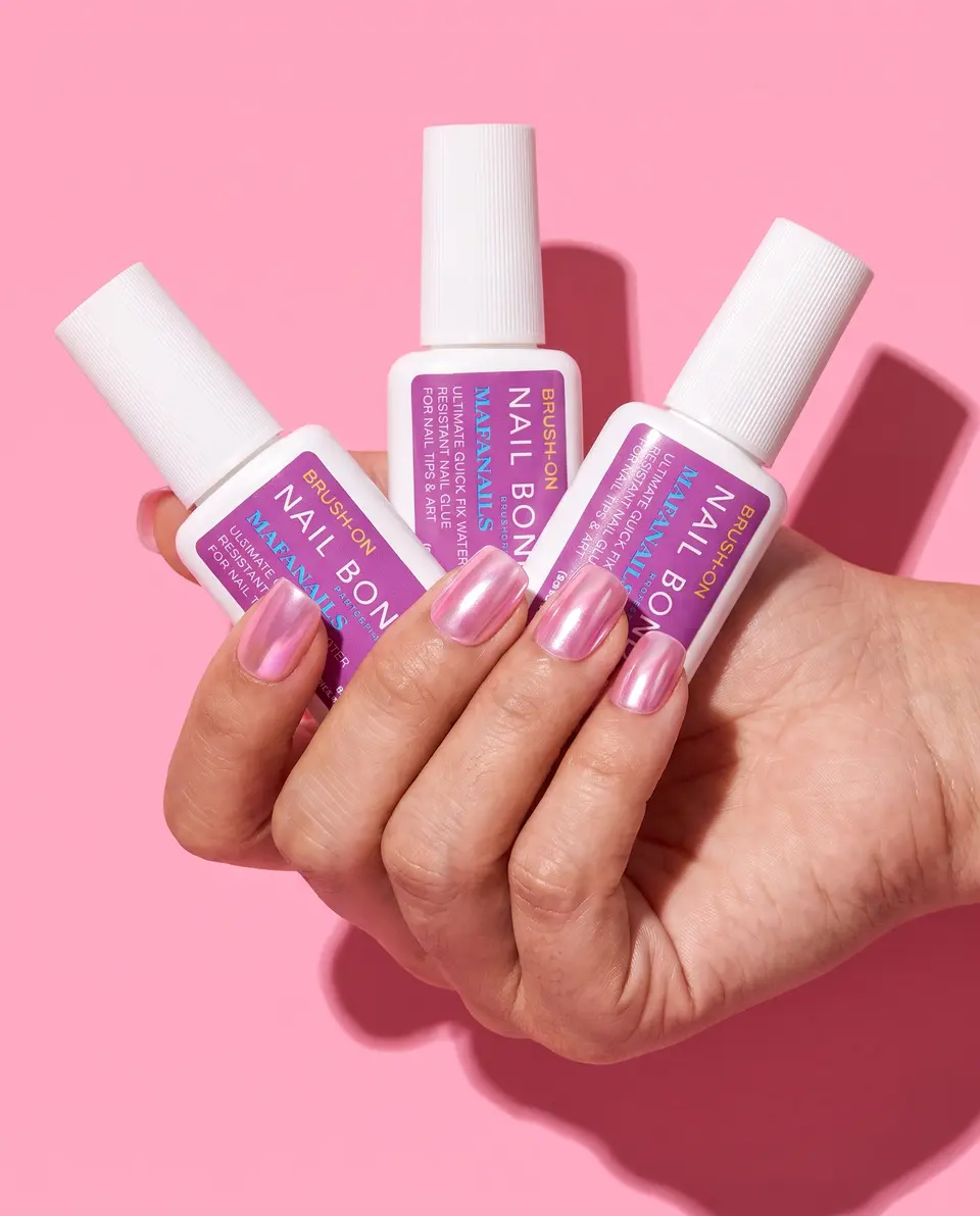A hand with pink chrome press-on nails holding three bottles of brush-on nail glue against a bubblegum-pink background